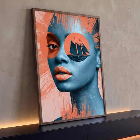 Rosto de mulher negra em azul com veleiro no olho e respingos laranja, quadro decorativo