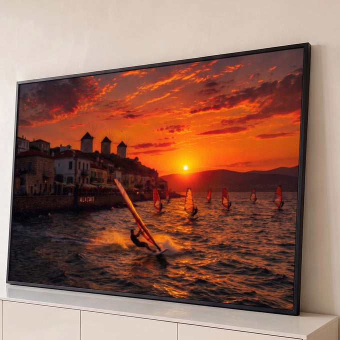 Pôr do sol laranja sobre o mar com windsurfistas, vilarejo e moinhos de vento de Alaçati, quadro decorativo