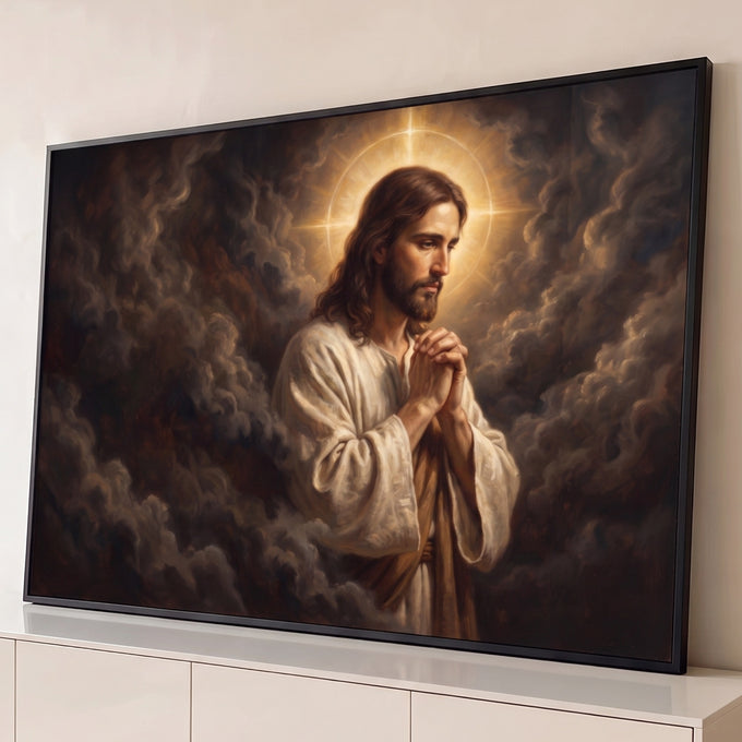 Quadro Decorativo Grande Jesus Halo Dourado para Sala Marrom | quadros decorativos para sala | Jesus Cristo em oração com halo dourado em cruz sobre fundo de nuvens escuras | Porao dos Quadros
