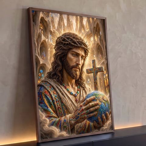Quadro Decorativo Grande Jesus em Mosaico para Sala Dourado | quadros decorativos para sala | Jesus Cristo em mosaico colorido segurando o globo terrestre diante de catedral dourada | Porao dos Quadros