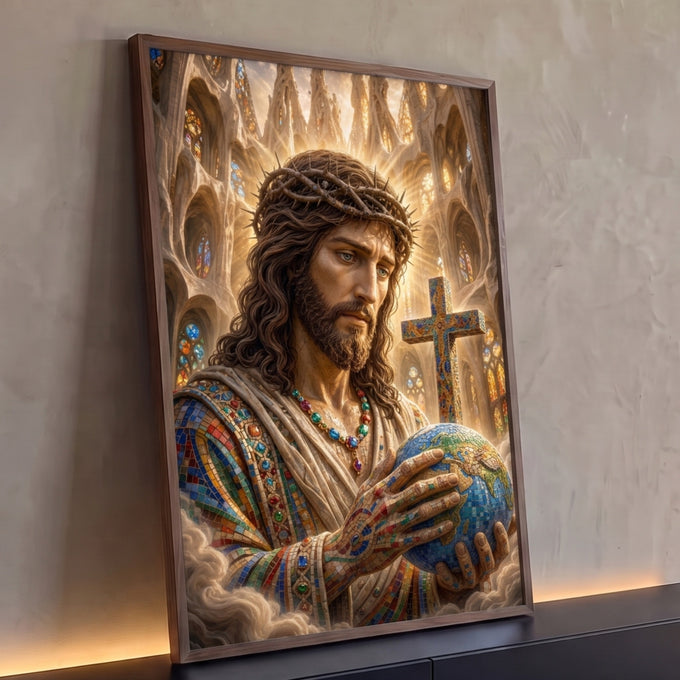 Quadro Decorativo Grande Jesus em Mosaico para Sala Dourado | quadros decorativos para sala | Jesus Cristo em mosaico colorido segurando o globo terrestre diante de catedral dourada | Porao dos Quadros