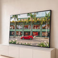 Quadro Decorativo Grande Carro Rua Urbana para Sala Vermelho | quadros decorativos para sala | carro esportivo vermelho estacionado em rua com palmeiras e fachada verde | Porao dos Quadros