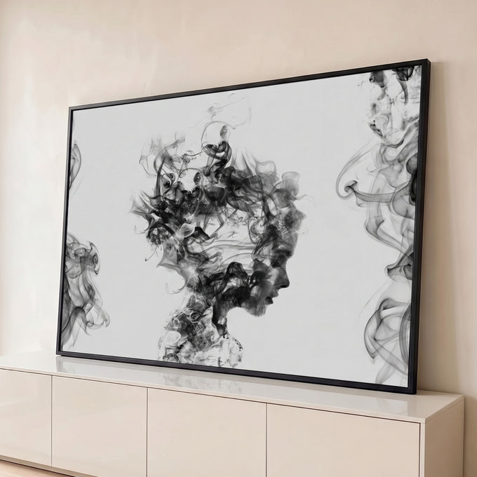 Quadro Decorativo Grande Rosto de Fumaça para Sala Preto | quadros decorativos para sala | perfil de rosto formado por fumaça preta sobre fundo branco | Porao dos Quadros