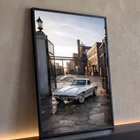 Quadro Decorativo Grande Carro Clássico Prata para Sala | quadros decorativos para sala | carro esportivo clássico prata visto de trás em pátio industrial ao entardecer | Porao dos Quadros