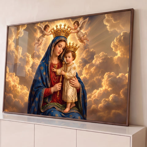Nossa Senhora coroada com Menino Jesus e dois anjos entre nuvens douradas, quadro decorativo