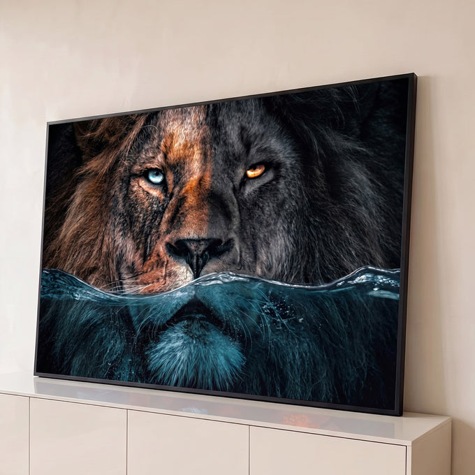 Rosto de leão com um olho azul e outro âmbar, focinho mergulhado na água, fundo escuro, quadro decorativo