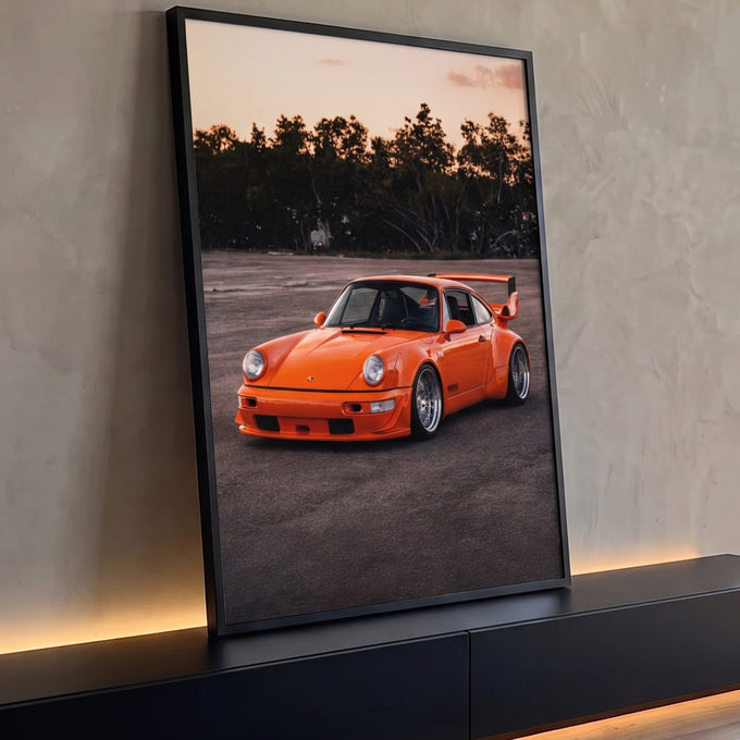 Quadro Decorativo Grande Carro Clássico para Sala | quadros decorativos para sala | carro esportivo laranja rebaixado com aerofólio ao pôr do sol | Porao dos Quadros