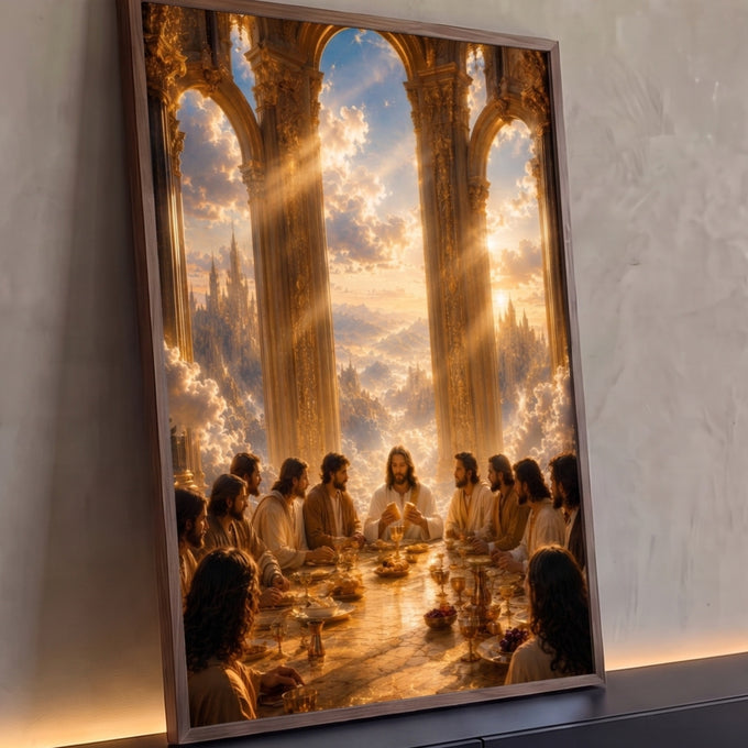 Quadro Decorativo Grande Santa Ceia Dourado para Sala | quadros decorativos para sala | Jesus e apóstolos à mesa dourada sob arcos celestiais com céu de nuvens | Porao dos Quadros