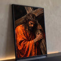 Quadro Decorativo Grande Jesus Cristo Laranja para Sala | quadros decorativos para sala | Jesus Cristo carregando a cruz com coroa de espinhos e manto laranja rasgado | Porao dos Quadros