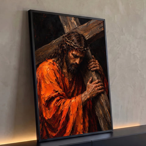 Quadro Decorativo Grande Jesus Cristo Laranja para Sala | quadros decorativos para sala | Jesus Cristo carregando a cruz com coroa de espinhos e manto laranja rasgado | Porao dos Quadros