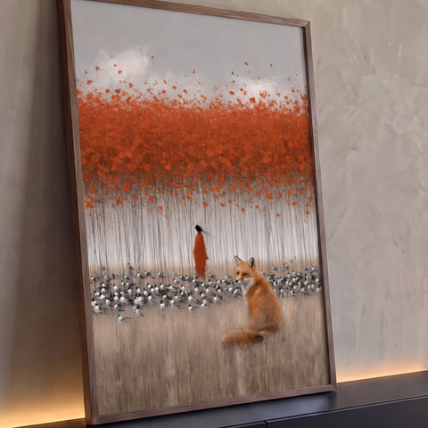 Quadro Decorativo Grande Raposa e Figura para Sala Laranja | quadros decorativos para sala | raposa laranja e figura de manto vermelho em campo com pássaros sob flores vermelhas | Porao dos Quadros