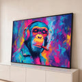 Quadro Decorativo Grande Macaco Hipster para Sala Rosa | quadros decorativos para sala | macaco com óculos escuros, fones coloridos e charuto em estilo pop art neon | Porao dos Quadros