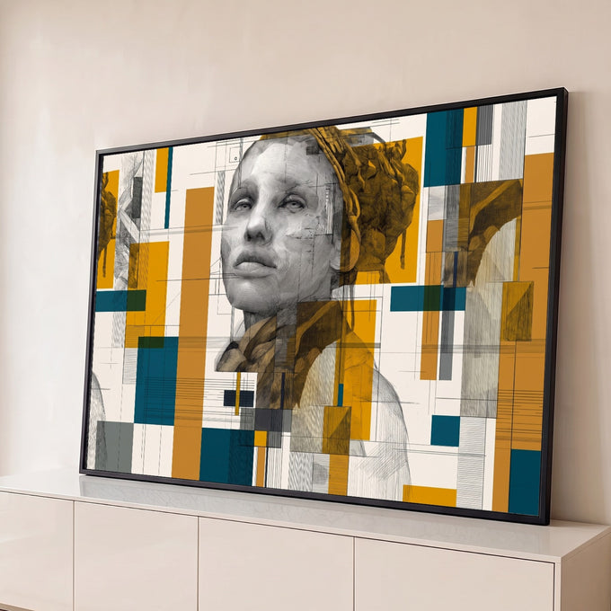 Rosto de mulher em desenho a lápis com blocos geométricos mostarda e azul petróleo, quadro decorativo