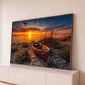 Quadro Decorativo Grande Barco Vermelho para Sala Laranja | quadros decorativos para sala | barco de madeira vermelho encalhado numa praia de pedras ao pôr do sol | Porao dos Quadros