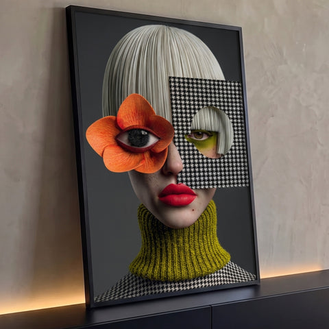 Retrato surreal de mulher com flor laranja no olho, batom vermelho e recorte pied-de-poule, quadro decorativo
