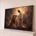 Quadro Decorativo Grande Jesus Coroado para Sala Marrom | quadros decorativos para sala | homem coroado de branco tocando a cabeça de um leão em meio a chamas douradas | Porao dos Quadros