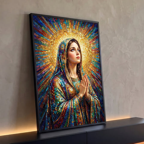 Nossa Senhora em oração em mosaico colorido com halo dourado e manto de pastilhas, quadro decorativo