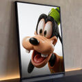 Cachorro de desenho animado em 3D realista sorrindo, com chapéu verde e fundo branco, quadro decorativo