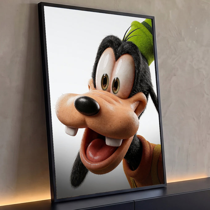 Cachorro de desenho animado em 3D realista sorrindo, com chapéu verde e fundo branco, quadro decorativo