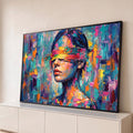 Mulher de olhos vendados por faixa colorida, óleo com espátula em fundo abstrato azul turquesa, quadro decorativo