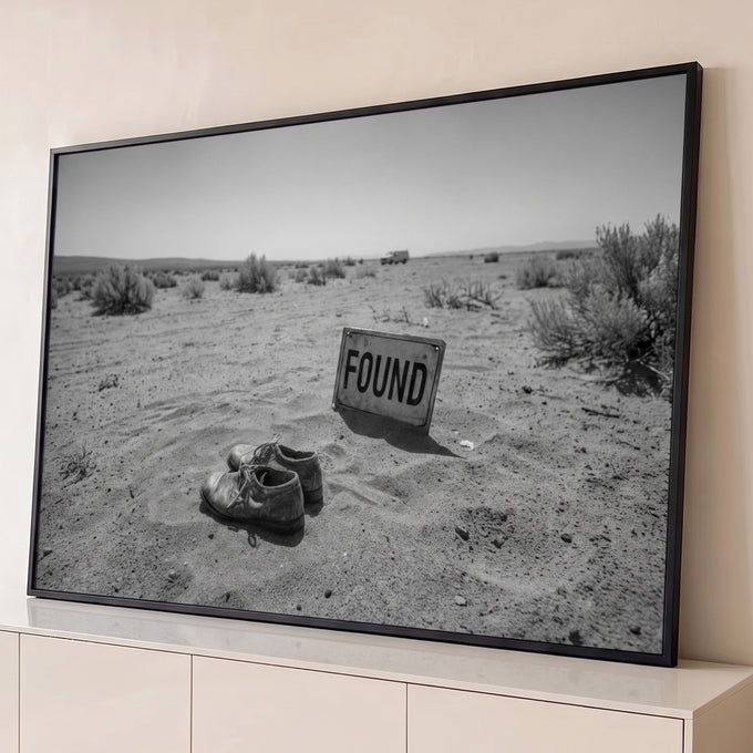 Quadro Decorativo Grande Sapatos e Placa para Sala Preto | quadros decorativos para sala | sapatos velhos na areia ao lado de placa found em deserto preto e branco | Porao dos Quadros