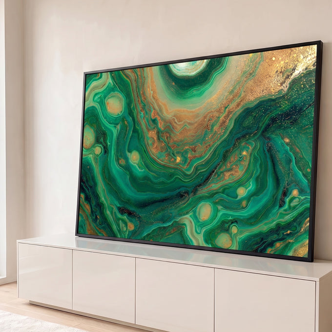 Quadro Decorativo Grande Abstrato Verde para Sala Verde | quadros decorativos para sala | abstrato fluido em verde esmeralda e dourado com efeito de pedra malaquita | Porao dos Quadros
