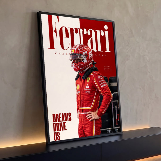 Piloto de Fórmula 1 de macacão e capacete vermelhos em pôster tipográfico, quadro decorativo