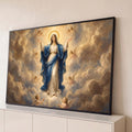 Nossa Senhora de manto azul subindo aos céus entre nuvens douradas e anjos, quadro decorativo