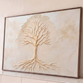 Quadro Decorativo Grande Árvore da Vida Bege para Sala | quadros decorativos para sala | árvore sem folhas em relevo dourado sobre fundo bege texturizado | Porao dos Quadros