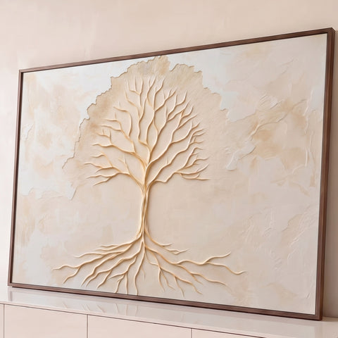 Árvore da vida em relevo com galhos e raízes sobre fundo bege texturizado como gesso, quadro decorativo