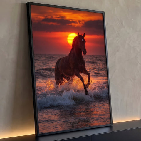 Cavalo alazão galopando nas ondas do mar com respingos dourados sob pôr do sol laranja, quadro decorativo