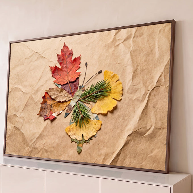 Borboleta montada com folha de bordo vermelha, ginkgo amarelo e pinheiro sobre papel kraft, quadro decorativo