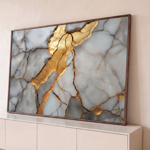 Mármore branco rachado com fenda larga de ouro brilhante e veios escuros, estilo kintsugi, quadro decorativo