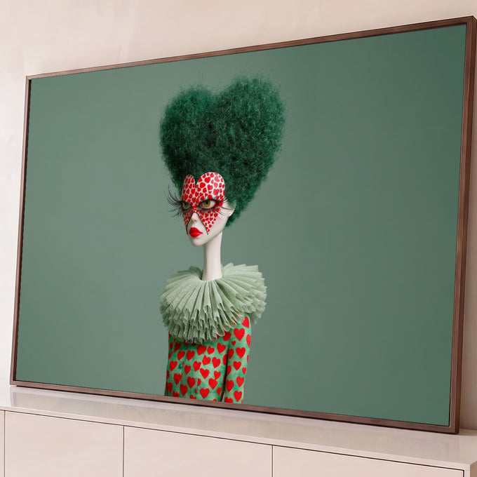 Mulher surreal com cabelo verde em forma de coração, máscara de corações e gola plissada, quadro decorativo