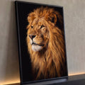 Quadro Decorativo Grande Leão Retrato Juba para Sala Dourado | quadros decorativos para sala | leão com juba dourada volumosa e olhos âmbar sobre fundo preto | Porao dos Quadros