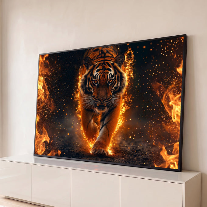 Tigre caminhando de frente entre chamas, brasas e faíscas laranja sobre fundo escuro, quadro decorativo