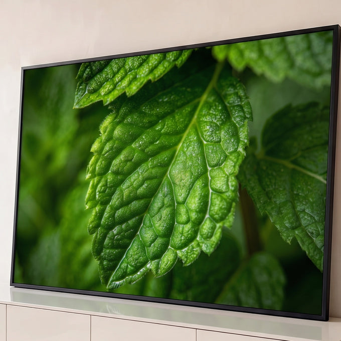 Quadro Decorativo Grande Folha de Hortelã para Sala Verde | quadros decorativos para sala | folha verde em macro com nervuras e gotículas de água visíveis | Porao dos Quadros