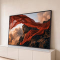 Quadro Decorativo Grande Buda de Pedra para Sala Vermelho | quadros decorativos para sala | estátua de Buda em pedra com véu vermelho esvoaçante sobre montanhas e nuvens | Porao dos Quadros