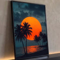 Quadro Decorativo Grande Sol Gigante para Sala Laranja | quadros decorativos para sala | sol laranja gigante entre palmeiras em silhueta numa praia ao entardecer | Porao dos Quadros