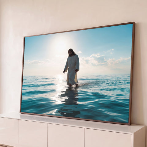 Jesus de túnica branca caminhando sobre o mar azul com sol e reflexo na água, quadro decorativo