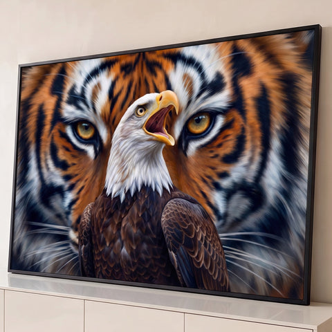 Águia-careca gritando à frente do rosto de um tigre de olhos âmbar, arte digital, quadro decorativo