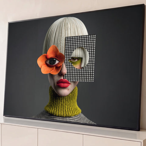 Mulher surreal com flor laranja no olho, batom vermelho e recorte pied-de-poule em fundo cinza, quadro decorativo