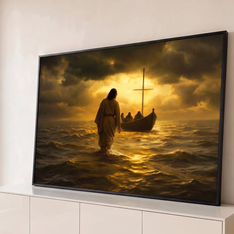 Jesus caminhando sobre o mar agitado rumo ao barco dos apóstolos sob céu dourado, quadro decorativo