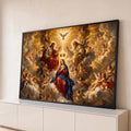 Virgem Maria coroada pela Santíssima Trindade entre anjos e nuvens douradas, quadro decorativo