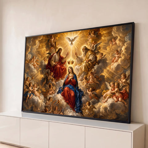 Virgem Maria coroada pela Santíssima Trindade entre anjos e nuvens douradas, quadro decorativo