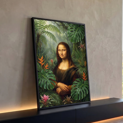 Quadro Decorativo Grande Mona Lisa para Sala Verde | quadros decorativos para sala | retrato de mulher com pose da Mona Lisa cercada por folhagem tropical densa e flores coloridas | Porao dos Quadros