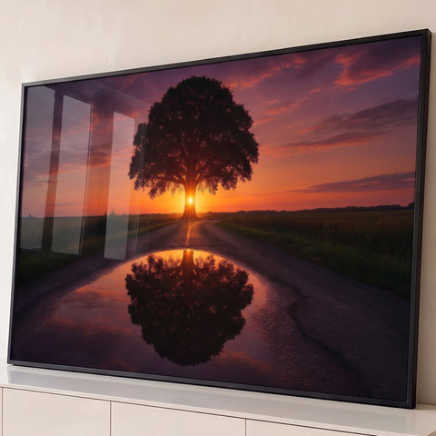 Árvore em silhueta no pôr do sol laranja, refletida em poça d'água numa estrada de campo, quadro decorativo