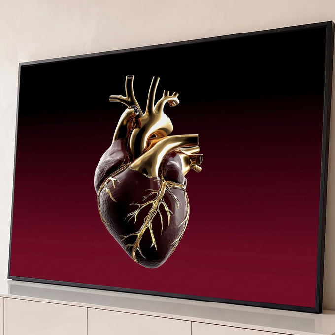 Quadro Decorativo Grande Coração Anatômico para Sala Dourado | quadros decorativos para sala | coração anatômico em tons escuros com veias e vasos dourados metálicos | Porao dos Quadros