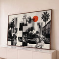 Quadro Decorativo Grande Colagem Urbana para Sala Preto | quadros decorativos para sala | colagem preto e branco com prédios, palmeiras, carros antigos e bustos clássicos | Porao dos Quadros