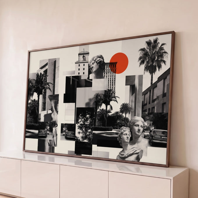 Quadro Decorativo Grande Colagem Urbana para Sala Preto | quadros decorativos para sala | colagem preto e branco com prédios, palmeiras, carros antigos e bustos clássicos | Porao dos Quadros